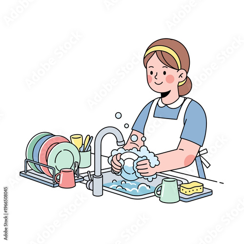 Woman washing dishes in sink, kitchen chores, domestic cleaning, household tasks