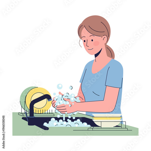 Woman washing dishes with soap and bubbles in kitchen sink, hygiene and chores illustration