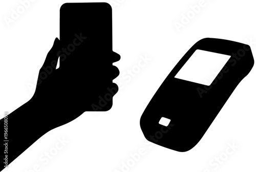 Black Silhouette of Hand Holding Smartphone for Contactless Payment at POS Terminal Vector Illustration