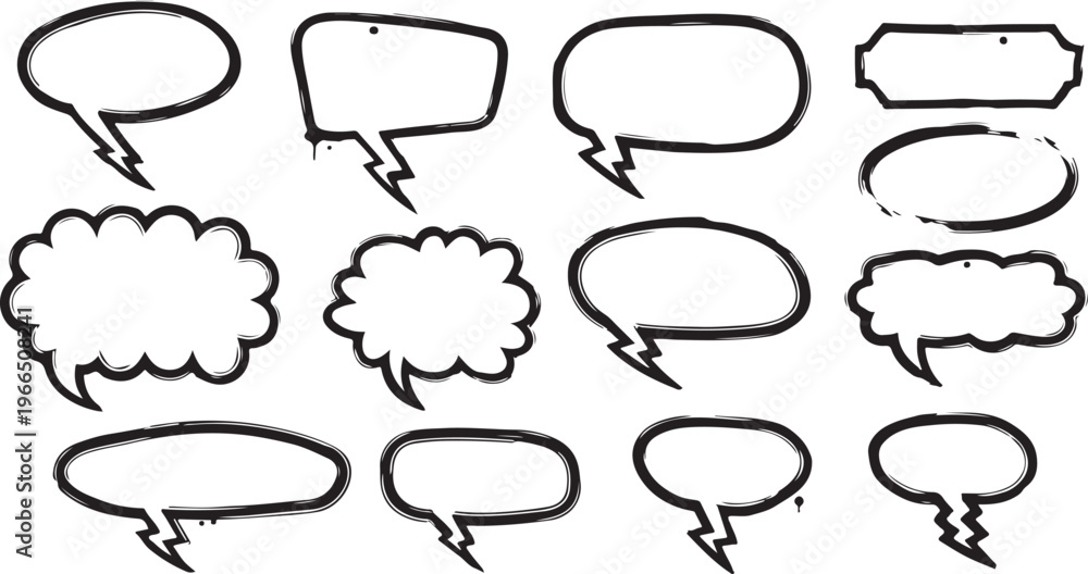 Fototapeta premium Hand drawn speech bubbles and thought bubbles set in doodle style illustration