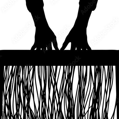 Silhouette of Hands Using a Paper Shredder for Data Destruction and Privacy Security Vector Illustration
