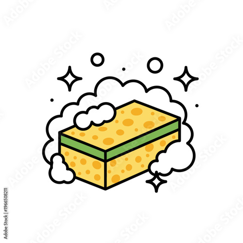 Yellow sponge with green stripe, surrounded by soap bubbles and sparkles, clean concept
