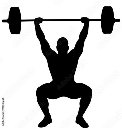 Black Silhouette of a Male Weightlifter Lifting a Heavy Barbell Overhead in a Squat Position