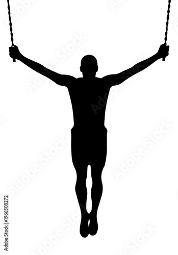 Silhouette of a male gymnast performing the iron cross on still rings isolated on white background