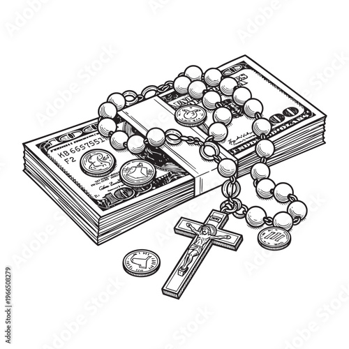 Hand Drawn Illustration of Stacks of Money with a Catholic Rosary and Crucifix Cross Representing Wealth and Faith in a Detailed Engraving Style Vector Graphics for Design Projects
