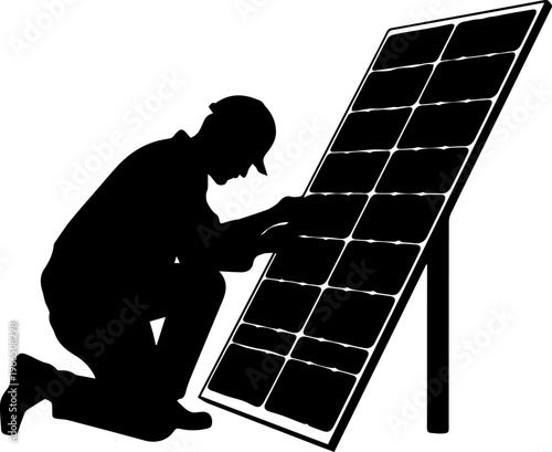 Black silhouette of a solar panel installer wearing a hard hat kneeling and working on a photovoltaic panel for renewable energy installation
