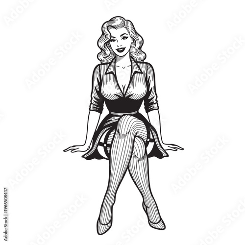 Classic Pinup Girl Illustration of a Beautiful Woman Sitting Down Wearing a High Waisted Skirt and Stockings in a Vintage Engraving Style Vector Graphics for Retro Design Projects 