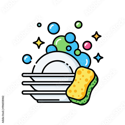 Clean Dishes Stacked with Bubbles and Sponge Icon, Dishwashing Concept