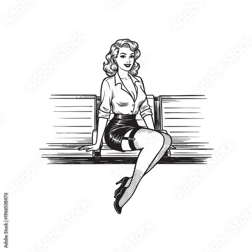 Detailed Vintage Engraving Style Illustration of a Pinup Woman Sitting on a Wooden Bench Looking Over Her Shoulder Vector Graphic Design Element for Retro Advertisements and Poster