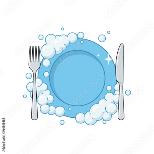 Clean Plate with Fork and Knife Surrounded by Soap Bubbles, Dishwashing Concept