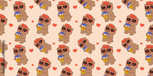 set of Kawaii Valentine Teddy Bear Love in retro colors. seamless pattern with teddy bears and hearts for banners, cards, flyers, social media