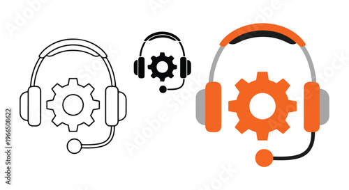 Customer service headsets with gear icons for support and maintenance concept
