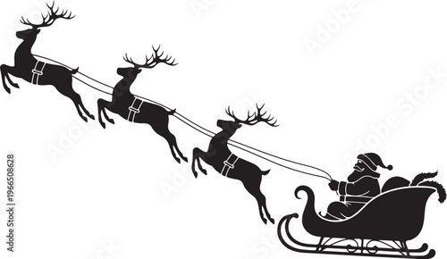 A black minimalist silhouette of Santa Claus riding his sleigh pulled by four reindeer, isolated on a white background.