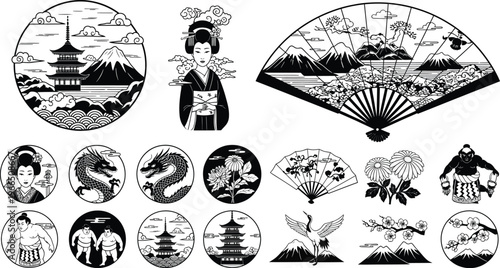 Collection of japanese cultural elements including geisha, pagodas, fans, and landscapes in intricate black silhouette style