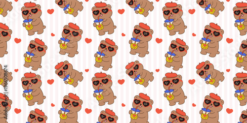 set of Kawaii Valentine Teddy Bear Love in retro colors. seamless pattern with teddy bears and hearts for banners, cards, flyers, social media