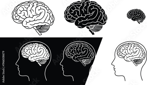 Silhouetted human heads and brains, symbolizing intellect, thought, and psychology with contrasting black and white styles