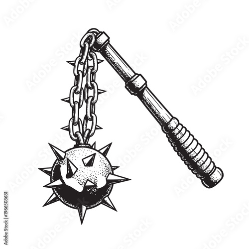 Detailed Medieval Weaponry Illustration of a Spiked Flail with a Heavy Chain and a Wooden Handle in a Vintage Engraving Style Vector Graphic Design Element for Games and History Fa