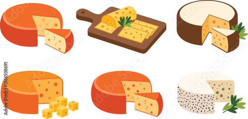 Cheese Vector Set with Different Types of Dairy Blocks, Slices and Cubes for Food Illustration, Cooking, Restaurant Menu and Dairy Product Design