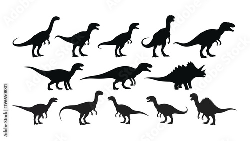 A diverse collection of prehistoric dinosaurs are displayed in stark black silhouettes against a white background silhouette high quality professional detailed