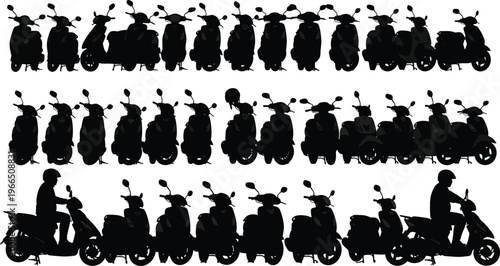 Abstract pattern of black scooter and moped silhouettes with riders, urban transportation graphic resource background, urban life, abstract art