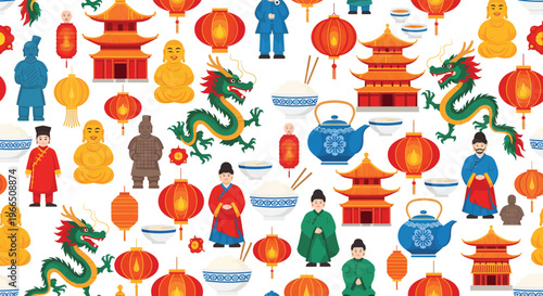 Traditional chinese new year and cultural motifs seamless vector pattern with dragons, pagodas, lanterns, and tea elements, chinese culture, east asia, design element, repeat pattern