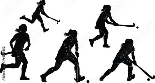 Dynamic silhouettes of female field hockey players in action poses with sticks and ball on a white background with female athlete with hockey stick with team sport