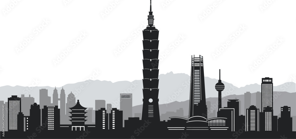 Obraz premium Asian city skyline black and white vector illustration with iconic skyscraper buildings and mountains in the background with urban buildings with modern city with famous landmark with high rise