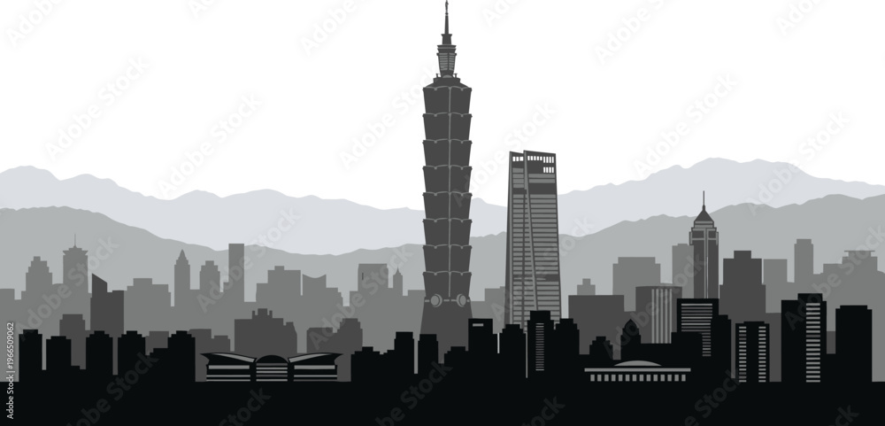 Obraz premium Black and white taiwan taipei city skyline vector illustration with taipei 101 skyscraper and mountains silhouette in asia with modern city with famous place with high rise with business district