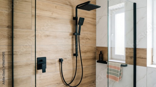 Walk in shower enclosure featuring matte black fixtures against wood grain tile walls, bathroom interior renovation, residential plumbing hardware.
