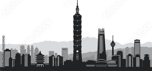 Asian city skyline black and white vector illustration with iconic skyscraper buildings and mountains in the background with urban buildings with modern city with famous landmark with high rise