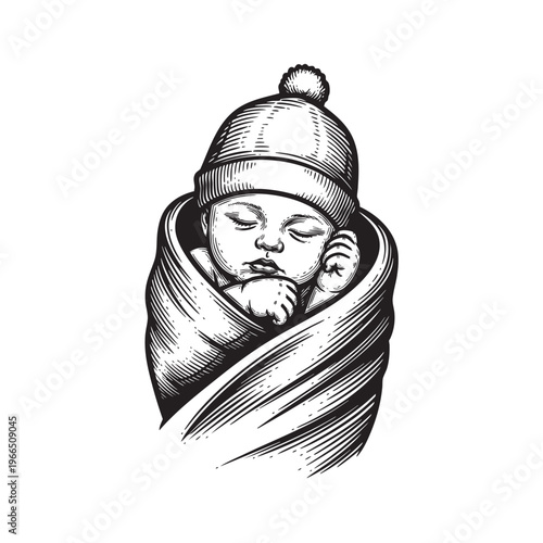 Adorable sleeping baby illustration wearing a beanie hat and wrapped in a warm swaddle for infant clothing and nursery theme branding projects isolated on white background graphic.
