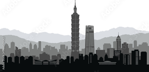 Black and white taiwan taipei city skyline vector illustration with taipei 101 skyscraper and mountains silhouette in asia with modern city with famous place with high rise with business district