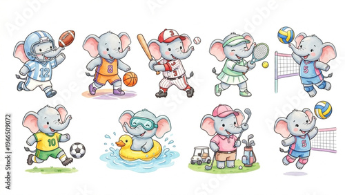  Set of funny cartoon cute Elephats animals in playful sports vector style featuring smiling characters for kids toy illustration collection