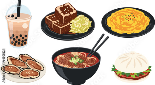 Isometric asian food and drink collection with bubble tea, ramen, bao bun, and dumplings for menu and cuisine designs, omelet rice, japanese food, street food, restaurant menu, fast food, flat design