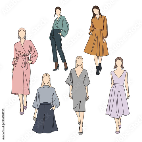 Fashion Illustration: Diverse Women in Chic Modern Outfits