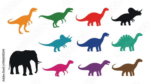 A vibrant collection of colorful dinosaur and animal illustrations including a striking black silhouette high quality professional detailed modern elegant stylish