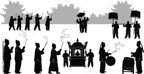 Traditional asian ceremonial procession silhouette vector illustration with people carrying palanquin, drums, and banners for cultural events and funeral themes, black and white, sedan chair