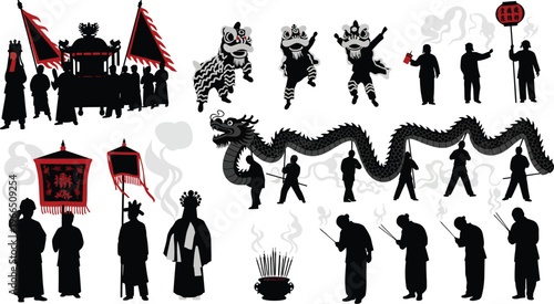 Traditional chinese culture silhouettes collection with dragon dance, lion dance, procession, and festive celebration elements, graphic element, design element, east asia, far east, traditional clothi