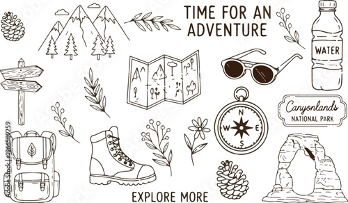 Hand-drawn minimalist line art illustration in black ink on white background, featuring a scattered collage of outdoor adventure and national park elements in a whimsical, cozy style.