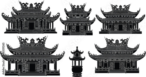 Collection of traditional east asian temple and pagoda silhouettes with lantern - intricate architectural designs for cultural themes with chinese architecture with historic building with graphic elem