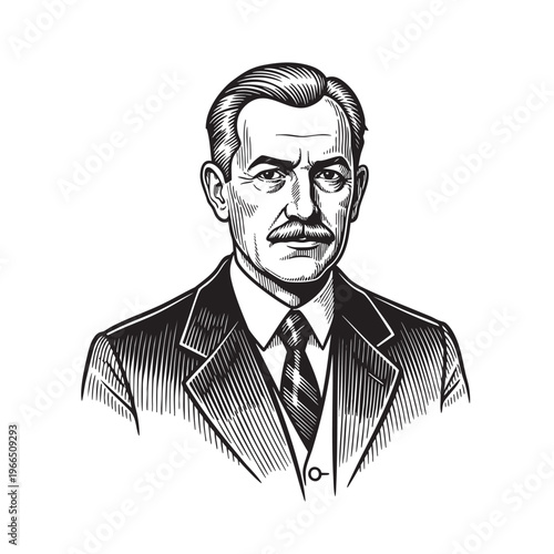 Elegant Vintage Portrait of a Gentleman with Mustache in Formal Business Suit and Necktie Vector Sketch Illustration for Professional Corporate Identity and Classic Men Fashion Dec
