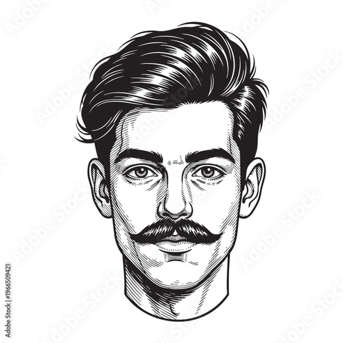 Dapper Gentleman Portrait with Thick Hair and Neat Mustache Vintage Woodcut Style Vector Illustration for Men Grooming Salon Barber Shop Branding and Retro Lifestyle Graphic Design