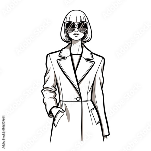 Fashionable woman with bob haircut and sunglasses wearing a stylish coat, line art illustration.