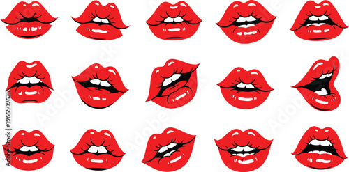 Red lips silhouettes, set of kiss and emotion expressions for beauty and passion themes