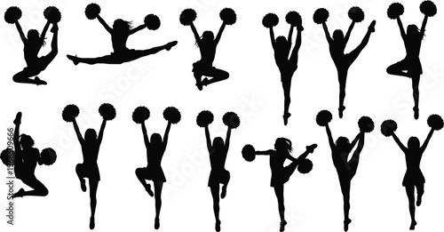 Cheerleader silhouettes in dynamic poses with pom poms, sports performance and team spirit graphics, raising arms, high kick