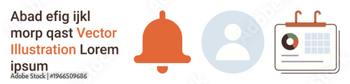 Notifications, scheduling, user management, reminders, event planning, organization. Bell icon, user avatar and calendar illustration. Notifications and scheduling concept for digital platforms
