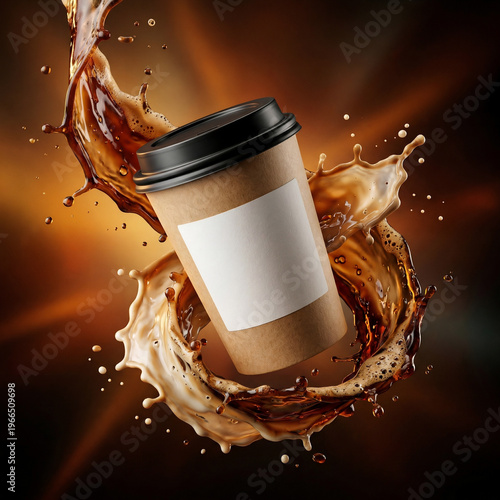 Dynamic Coffee Cup Splash Mockup with Milk Swirl, Premium Takeaway Cup for Branding Design