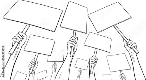 Hands holding blank signs, a diverse group raised in unison with empty placards for messages, representing protest, free speech, and collective action, suitable for social commentary, protest sign