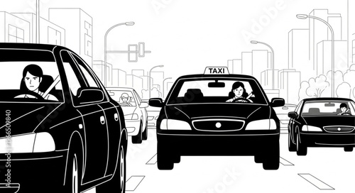Black cars driving on a city street with a taxi in the middle.