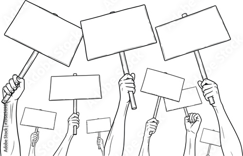 Protestors holding blank signs and fists raised, a graphic illustration of a group demanding change with empty signs for custom messages, symbolizing activism and social issues, protest sign